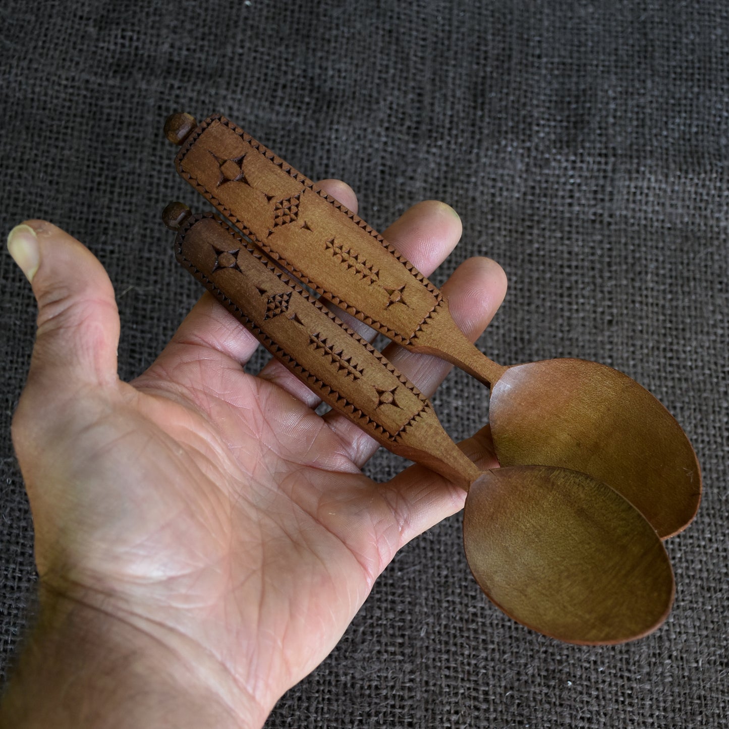 Pair of Roasted Love Spoons ~ Chipcarved Pattern