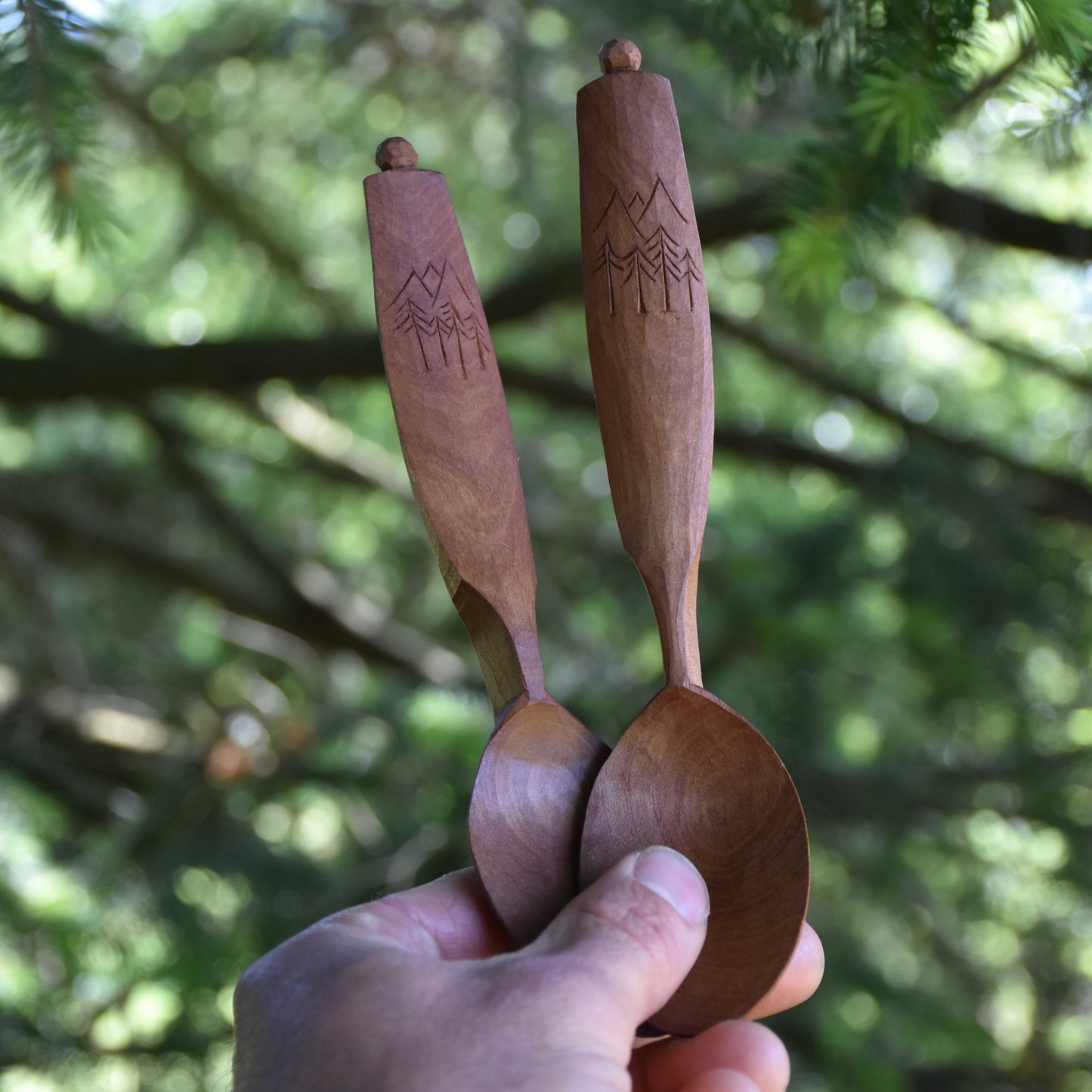 Pair of Couple's Spoons ~ Wooded Mountain Scene